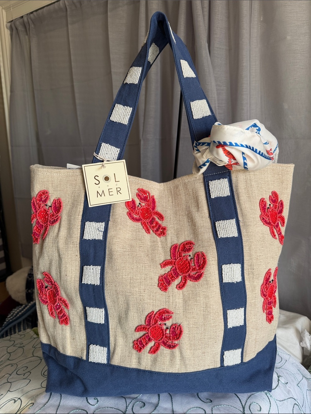 Sol & Mer Red Lobster Embroidered Navy-Trim Canvas Tote w/scarf!